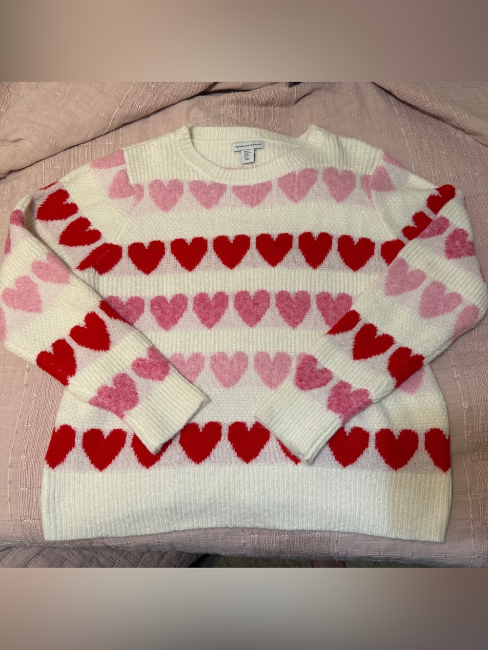 cupcakes & cashmere White Crewneck Sweater with Pink and Red Heart Stripes